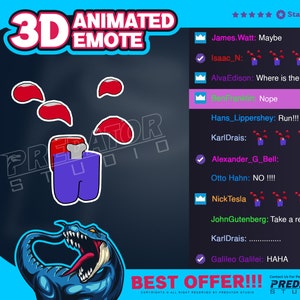 May include: A 3D animated emote of a purple character with red blood splatter. The emote is in the style of the popular online game Among Us. The text "3D ANIMATED EMOTE" is at the top of the image. The text "BEST OFFER!!!" is at the bottom of the image. The text "PREDATOR STUDIO" is in the bottom right corner of the image.