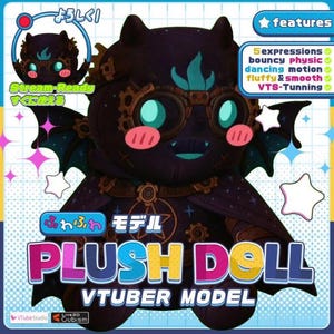 May include: A dark purple plush doll with a bat-like design, teal eyes, pink cheeks, and a steampunk aesthetic. The doll has the text "PLUSH DOLL" and "VTUBER MODEL" in bright colours. Additional text includes "Stream-Ready" and "features".