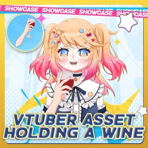 May include: A digital illustration of a cartoon anime character with pink and blonde hair holding a glass of red wine. The character is wearing a white and blue dress with a black bow and a black choker. The background is a yellow and blue pattern with the text "VTUBER ASSET HOLDING A WINE" in bold blue letters.