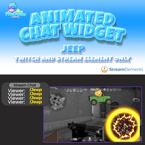 Peut inclure: Widget de chat animé Twitch avec une jeep de dessin animé conduisant sur un écran de jeu vidéo. Le widget de chat affiche le texte "Jeep" en lettres jaunes. L'écran de jeu vidéo montre la perspective d'un joueur d'un jeu de tir à la première personne.