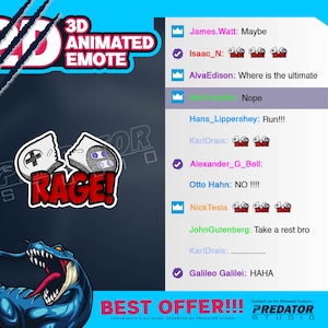 Könnte beinhalten: Ein blaues und rotes 3D-animiertes Emoji einer kaputten Videospielkonsole mit dem Wort "RAGE!" in roten Buchstaben. Das Emoji befindet sich vor einem blauen und schwarzen Hintergrund mit dem Text "BEST OFFER!!!" in weißen Buchstaben. Das Bild enthält auch eine Liste von Namen und Kommentaren, darunter "James. Watt: Maybe", "Isaac_N: ", "Alva Edison: Where is the ultimate", "Nope", "Hans_Lippershey: Run!!!", "KarlDrais: ", "Alexander_G_Bell: ", "Otto Hahn: NO!!!!", "Nick Tesla ", "JohnGutenberg: Take a rest bro", "KarlDrais: ", "Galileo Galilei: HAHA".