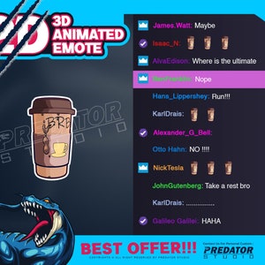 以下が含まれることがあります： 鋭い歯と爪を持つ青と緑の漫画の捕食者。捕食者は「BRB」と書かれたコーヒーカップを持っています。画像は3Dアニメーションの顔文字です。画像の下部に「BEST OFFER!!!」というテキストがあります。