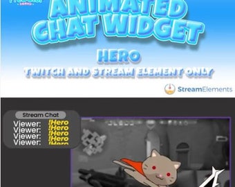 Könnte beinhalten: Animiertes Twitch-Chat-Widget mit einer Cartoon-Katze, die einen roten Umhang trägt und fliegt. Der Text "Hero" wird in großen blauen Buchstaben angezeigt. Der Text "Twitch and Stream Element Only" wird in kleineren weißen Buchstaben angezeigt. Der Text "Stream Chat" wird in einem gelben Kasten mit dem Text "Viewer: Hero" viermal wiederholt angezeigt.