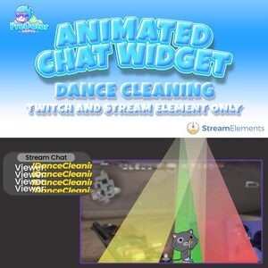 Puede incluir: Widget de chat animado de Twitch con un gato de dibujos animados limpiando con un trapeador. El texto "Dance Cleaning" se muestra en letras grandes y en negrita. El texto "Twitch and Stream Element Only" se muestra en letras más pequeñas debajo. El texto "Stream Elements" se muestra en la esquina inferior derecha de la imagen.