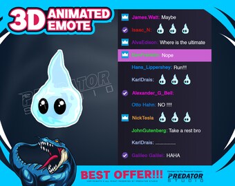 May include: A blue animated 3D emote of a blob with two eyes. The emote is surrounded by a black background with white text that says "PREDATOR STUDIO" and "BEST OFFER!!!".