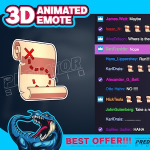 Könnte beinhalten: Ein animiertes 3D-Emoji einer Schatzkarte mit einem roten X, das den Ort markiert. Die Karte ist aufgerollt und hat eine gepunktete Linie, die den Weg zum Schatz zeigt. Das Emoji befindet sich vor einem dunkelblauen Hintergrund mit dem Text "3D ANIMATED EMOTE" in weißen Buchstaben. Der Text "BEST OFFER!!!" ist in weißen Buchstaben auf blauem Hintergrund. Der Text "PREDATOR STUDIO" ist in weißen Buchstaben auf schwarzem Hintergrund.