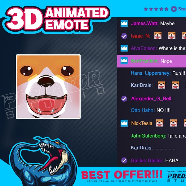 3D Animated Emote, Kick Emote, Twitch Emote, Emote Commission - Adorable Shiba Big Smile Closed Up 3D Emote for Twitch Subscribers