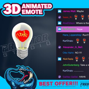 May include: A 3D animated light bulb emote with a red heart inside, labeled "love". The light bulb is on a black background with the text "PREDATOR STUDIO" and "BEST OFFER!!!" in white. The image also includes a list of names and comments, with some names checked off and others with a crown icon.