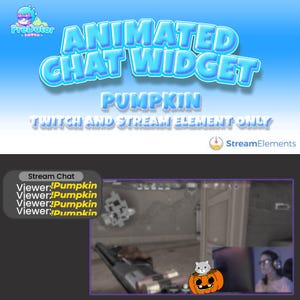Op de afbeelding: Geanimeerd chat-widget voor Twitch en streaming, met een pompoen met een kat erin. Het widget toont de tekst "Viewer: Pumpkin" meerdere keren.