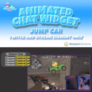 Op de afbeelding: Geanimeerd Twitch-chatwidget met een cartoonkat die een groene jeep bestuurt. De jeep springt over een helling. De tekst "Jump Car" wordt weergegeven in grote blauwe letters. De tekst "Twitch and Stream Element Only" wordt weergegeven in kleinere blauwe letters.