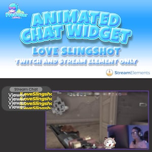 May include: Animated chat widget for Twitch and streaming, featuring a cartoon cat with a heart-shaped slingshot. The text "LOVE SLINGSHOT" is displayed in large, bold letters.