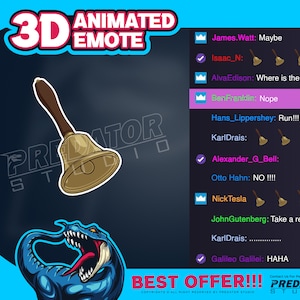 以下が含まれることがあります： 青い恐竜のグラフィックと背景に「PREDATOR STUDIO」というテキストが書かれた、3Dアニメーションのベルの絵文字。画像の下部には「BEST OFFER!!!」というテキストがあります。画像には、「James.Watt: Maybe」、「Isaac_N:」、「Alva Edison: Where is the ultimate」、「BenFranklin: Nope」、「Hans_Lippershey: Run!!!」、「KarlDrais:」、「Alexander_G_Bell:」、「Otto Hahn: NO!!!」、「Nick Tesla」、「JohnGutenberg: Take a rest bro」、「KarlDrais:」、「Galileo Galilei: HAHA」など、名前とコメントのリストも含まれています。