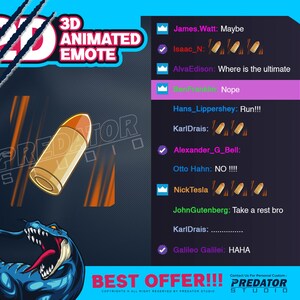 Bullet 3D Animated Emote, Kick Emote, Cartoon Emotes, Animated Emotes, Emotes Commission, Stream Emotes, Twitch Sub Emotes, Game Emotes