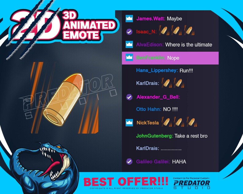 Predator Emotes 3D Bullet Animated Emote, Twitch/kick Stream Emotes - Etsy