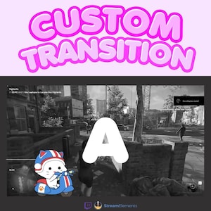 Puede incluir: Gráfico para una transición personalizada, con el texto "CUSTOM TRANSITION" en letras rosas de burbujas. Debajo, una escena de videojuego en blanco y negro con una gran letra "A" blanca superpuesta. Un gato de dibujos animados en un scooter está en la parte inferior izquierda.