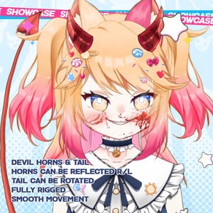 Puede incluir: Avatar digital con cabello rubio, reflejos rosas y cuernos de diablo. El avatar lleva un atuendo blanco y azul, con el texto "DEVIL HORNS & TAIL" y "FULLY RIGGED". El avatar tiene boca y mejillas ensangrentadas.