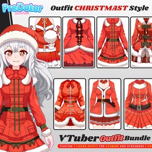 May include: A set of 7 Christmas-themed outfits for virtual YouTubers and streamers. The outfits are red and white with various designs, including a Santa hat, a dress with a belt, and a jacket with pockets. The text "VTuber Outfit Bundle" is at the bottom of the image.