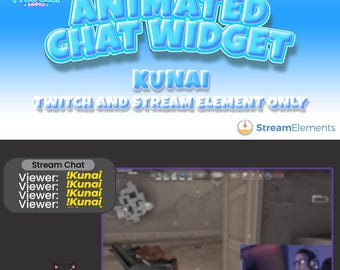 Könnte beinhalten: Animiertes Chat-Widget für Twitch und Stream-Elemente, mit dem Wort "KUNAI" in großen blauen Buchstaben. Das Widget ist so konzipiert, dass es Chat-Nachrichten von Zuschauern anzeigt, wobei der Text "Viewer: !Kunai" viermal wiederholt wird.