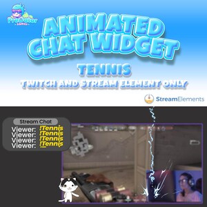 May include: Animated chat widget for Twitch and stream elements with a blue and white cartoon character and the text "ANIMATED CHAT WIDGET TENNIS" in a blue and white 3D font. The widget is designed to display chat messages from viewers. The chat messages are displayed in a black box with white text. The text in the chat messages is "!Tennis".
