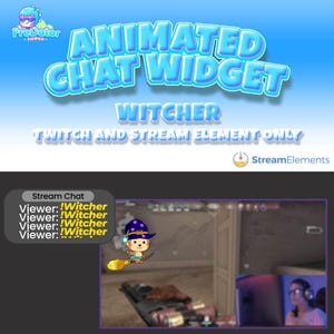 May include: An animated chat widget for Twitch and Stream Elements, featuring the word "Witcher" in a blue, bubbly font. The image includes a cartoon character and a Stream Chat display.