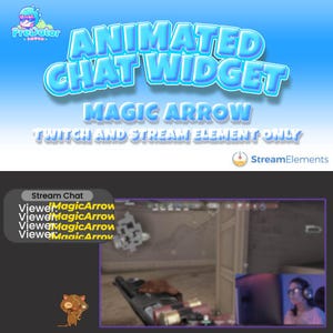 May include: Animated chat widget for Twitch and stream elements. The widget is blue and white with the text "ANIMATED CHAT WIDGET" and "MAGIC ARROW" in large, bold letters. The text "TWITCH AND STREAM ELEMENT ONLY" is in smaller letters below. The widget is designed to be used on a stream to show viewers who have donated or subscribed.