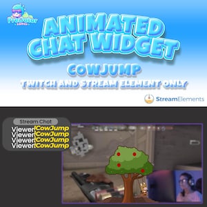 Könnte beinhalten: Animiertes Twitch-Chat-Widget mit einer Kuh, die auf einen Baum mit roten Äpfeln springt. Der Text "CowJump" ist in großen, blauen Buchstaben. Der Text "Twitch and Stream Element Only" ist in kleineren, weißen Buchstaben. Der Text "Stream Chat" ist in einem schwarzen Kasten mit dem Text "Viewer CowJump", der viermal wiederholt wird.