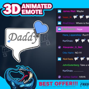 Peut inclure: Un émoji animé en 3D avec une bulle de dialogue qui dit "Daddy" et un cœur bleu. L'émoji est un dinosaure bleu avec une langue rouge. L'image comprend également une liste de noms et de commentaires, notamment "James.Watt: Maybe", "Isaac_N:", "Alva Edison: Where is the ultimate", "BenFranklin: Nope", "Hans_Lippershey: Run!!!", "KarlDrais:", "Alexander_G_Bell:", "Otto Hahn: NO!!!", "NickTesla:", "JohnGutenberg: Take a rest bro", "KarlDrais:", "Galileo Galilei: HAHA".