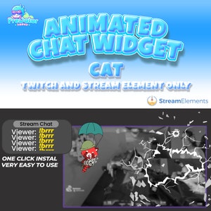 May include: Animated Twitch and Stream Element chat widget featuring a cartoon cat wearing a helmet and parachute, falling from the sky. The text "ANIMATED CHAT WIDGET CAT" is displayed in large, blue letters. The text "TWITCH AND STREAM ELEMENT ONLY" is displayed in smaller, white letters. The text "Stream Chat" is displayed in a blue box. The text "Viewer: !brrr" is displayed four times in a yellow box. The text "ONE CLICK INSTAL VERY EASY TO USE" is displayed in a blue box.