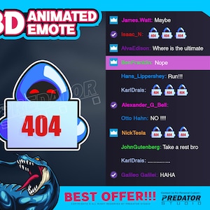 Puede incluir: Un emoji animado en 3D azul que muestra un mensaje de error 404. El emoji sostiene un cartel con el mensaje de error. El emoji está sobre un fondo azul y blanco con el texto "BEST OFFER!!!" en la parte inferior. El texto "PREDATOR STUDIO" también es visible en la parte inferior de la imagen.