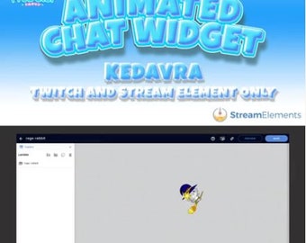 Könnte beinhalten: Ein blaues und weißes animiertes Chat-Widget für Twitch und Stream-Elemente. Das Widget zeigt eine Comicfigur mit einem Hexenhut und einem Besen. Der Text "KEDAVRA" wird in blauen Buchstaben angezeigt.