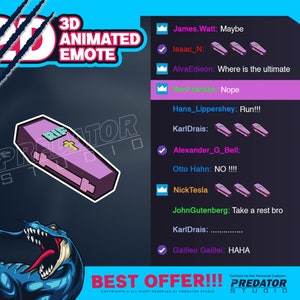 May include: A digital illustration of a purple coffin with a cross and the word "RIP" on it. The coffin is animated and can be used as an emote. The image also includes a list of names and comments, with some names ticked off and others with a crown icon next to them.