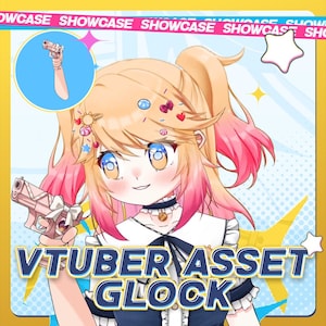Op de afbeelding: Digitale illustratie van een anime-stijl personage met blond en roze haar en blauwe ogen, die een roze pistool vasthoudt. De afbeelding bevat de tekst "VTUBER ASSET GLOCK" in een blauw en geel banner. Gele achtergrond met sterren.