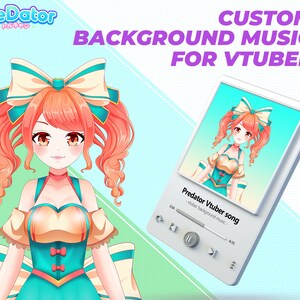 Pode incluir: Uma ilustração digital de uma menina de desenho animado anime com cabelo laranja e um vestido amarelo e azul. A menina está segurando um tocador de música branco com o texto "Predator Vtuber song - vtuber background music -" na tela. O tocador de música tem um botão de reprodução e um controle de volume.