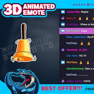 Pode incluir: Um emoji de sino animado em 3D com um sino dourado e um gráfico de dinossauro azul. O texto "3D ANIMATED EMOTE" está no topo da imagem. O texto "BEST OFFER!!!" está na parte inferior da imagem.