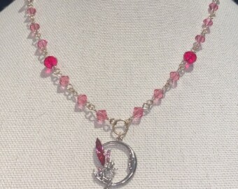 Tink - handmade silver-colored necklace with pink glass beads & a fairy in moon charm | fairycore Cottagecore girlfriend pink |