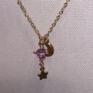 Cosmo - handmade gold-colored purple AMETHYST planet necklace with a star and moon charm | 10k gold-plated chain |  crystals astrology