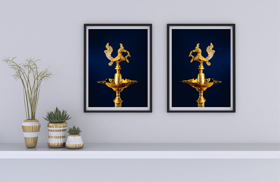 Antique Indian Brass Lamp on Blue Background, Set of Two Prints for Wall Décor Indian Desi Art