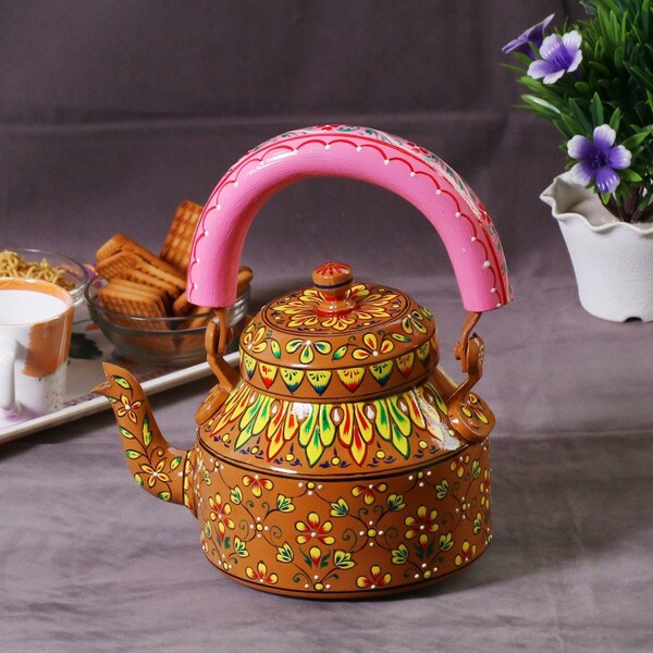 Hand painted tea set  for serving tea Indian Tea pot, Tea set, Tea kettle, Aluminium pot, Indian hand art,