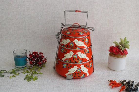 Tiffin Box With Three Tiers / Steel and Enamel Food Container