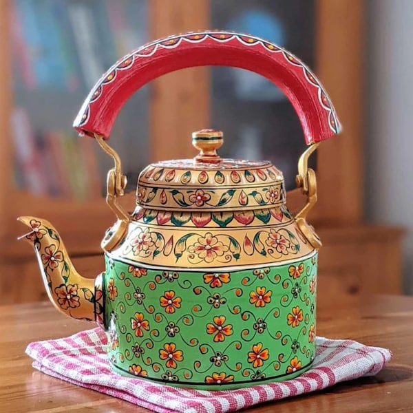 Indian Tea pot, Tea set, Tea kettle, Hand painted tea set for serving tea pot , Indian hand art, Multicolor Kettle, Aluminium pot