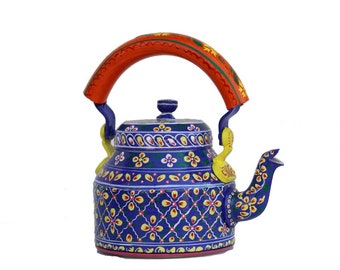 Indian Tea pot, Tea set, Tea kettle, Hand painted blue tea kettle for serving tea Indian Tea pot,  Indian hand art, Multicolor Kettle