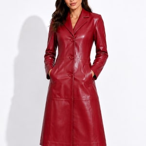 Customize women's leather coat, leather trench coat women, dark red leather coat, leather over coat, long leather coat women, midi overcoat