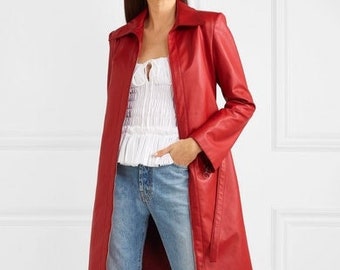 Customize women's leather coat, leather trench coat women, red leather coat, leather over coat, long leather coat women, midi overcoat red