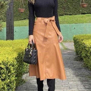 Genuine women&#39;s leather skirt, long leather skirt, leather midi skirt, leather maxi skirt, tan leather skirt, A line leather skirt