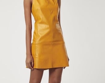 knee length dresses for ladies Studded Women Yellow Mini Leather Dress XL / Brown