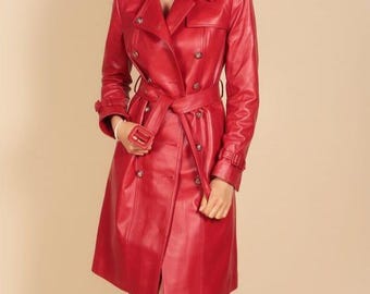 Handmade Red Lambskin Leather Trench Coat, Double Breasted Midi Coat, women's leather coat, leather overcoat womens, red leather coat