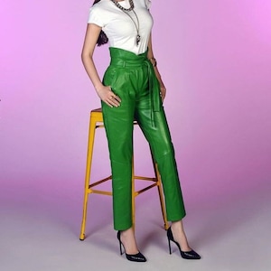 Pantalones de cuero para mujer personalizados, pantalones de cuero de cintura alta, pantalones de cuero real, pantalones de cuero verde, pantalones de cuero para mujer, pantalones verdes para mujer