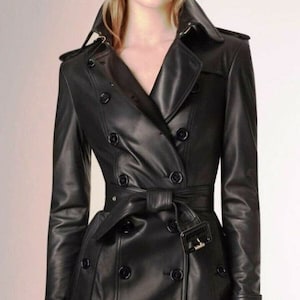 Handmade women&#39;s leather coat, leather trench coat women, black leather coat, double breasted leather trench coat, long leather coat women