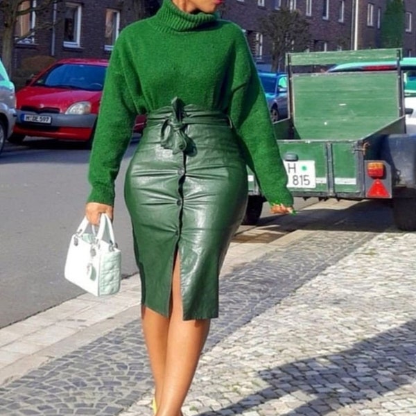 Handmade women's leather skirt, button front closure skirt, midi skirt, green leather skirt, leather long skirt, leather pencil skirt, skirt