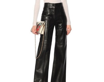 Customize women's leather pant, high waist leather pant, real leather pant black leather pant, leather wide leg trousers women, women's pant